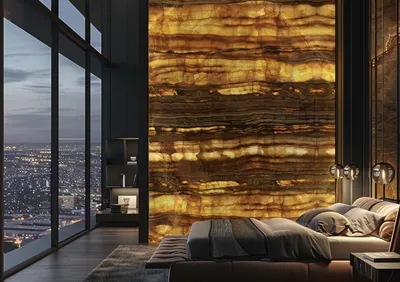 Bookmatched Turkish marble and onyx slabs used for a feature wall